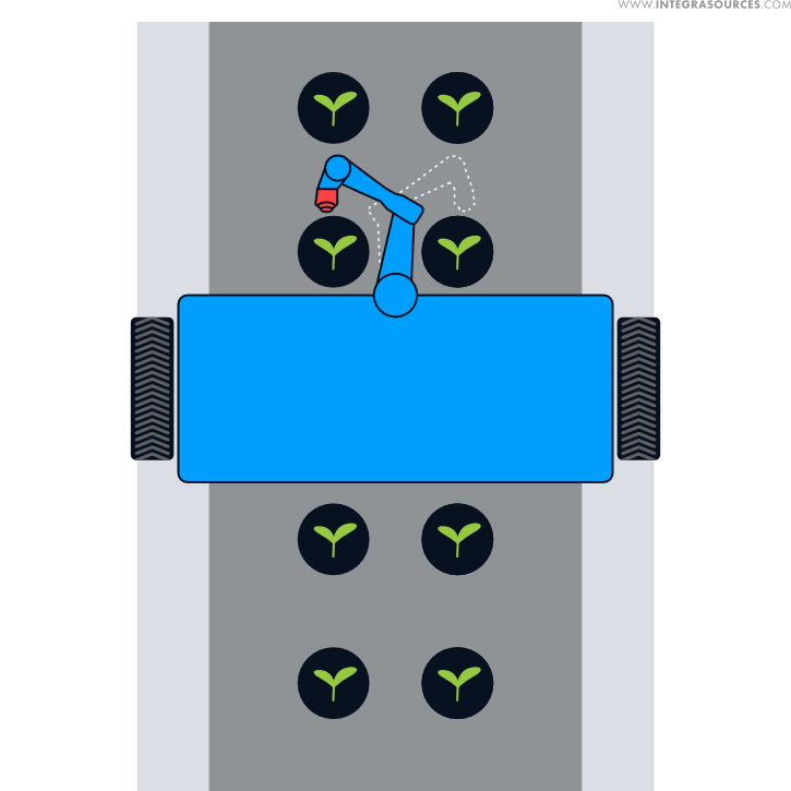 The agricultural robot moves along the planting beds, turning the arm to one or another side to fertilize the plantings.