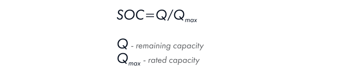 SoC estimation, through the ratio of the remaining capacity to the rated capacity.