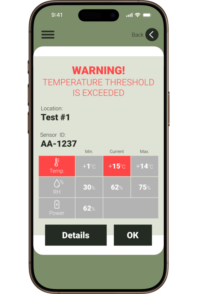 IoT mobile app screen with an overtemperature notification.