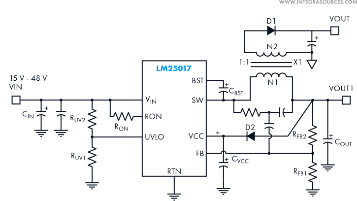 The typical application scheme of the LM25017 DC-DC converter.