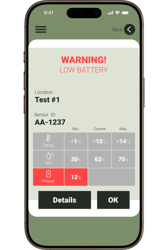 A mobile app screen with a low-battery notification.